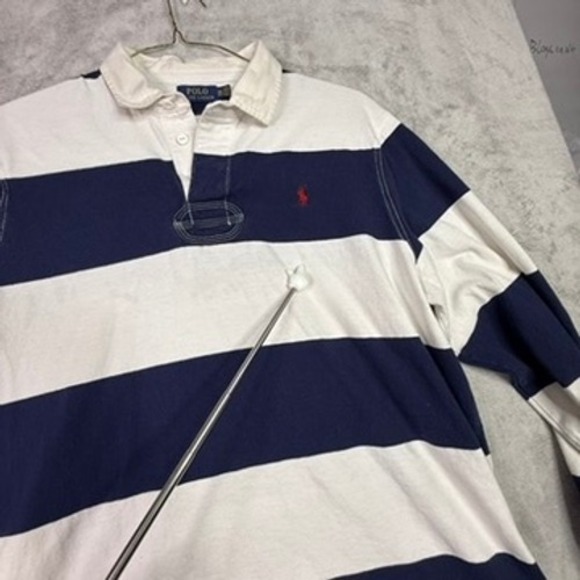 Polo Ralph Lauren Rugby Shirt Mens XXL White Navy Stripe Long Sleeve Polo Pony - Picture 7 of 8